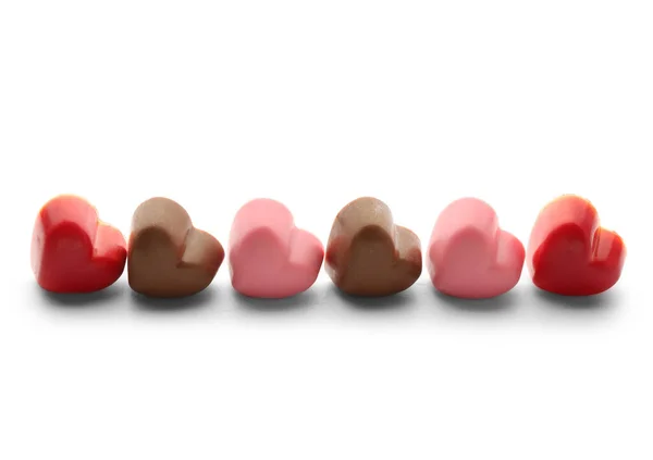 Различные Шоколадные Конфеты Форме Сердец Белом Фоне — стоковое фото