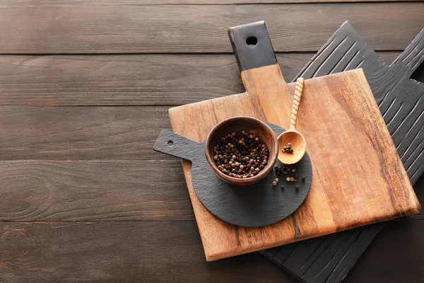 Cutting Boards Bowl Peppercorn Dark Wooden Background — Stock Photo, Image