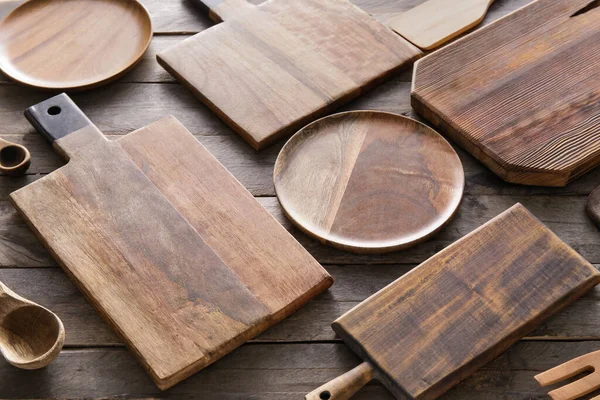 Different Cutting Boards Plates Wooden Background — Stock Photo, Image