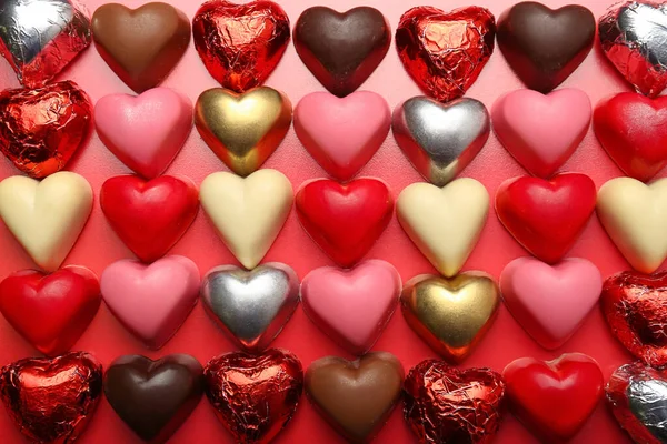 Tasty Heart Shaped Candies Valentine Day Celebration Red Background — Stock Photo, Image