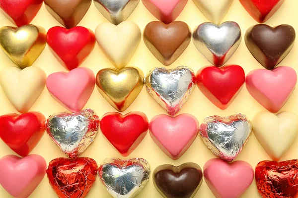 Tasty Heart Shaped Candies Valentine Day Celebration Beige Background — Stock Photo, Image