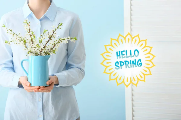 Woman Holding Jug Beautiful Blooming Tree Branches Home Hello Spring — Stock Photo, Image