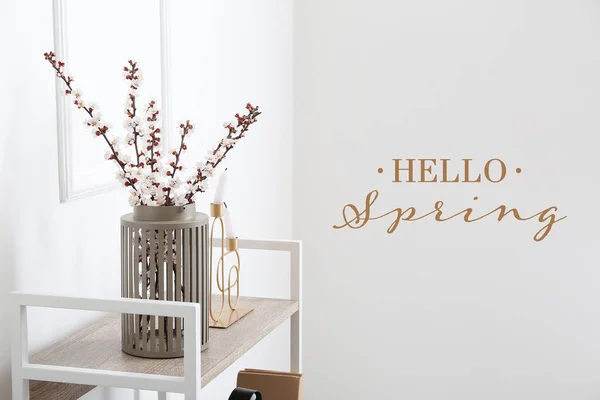 Vase Blooming Tree Branches Table Room Hello Spring — Stock Photo, Image