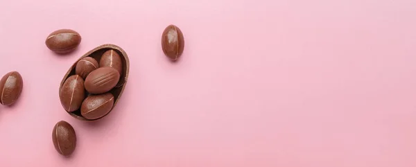 Csokoládé Húsvéti Tojás Rózsaszín Háttér Hely Szöveges — Stock Fotó