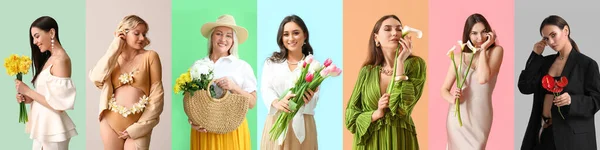Группа Красивых Женщин Свежими Цветами Цветном Фоне — стоковое фото