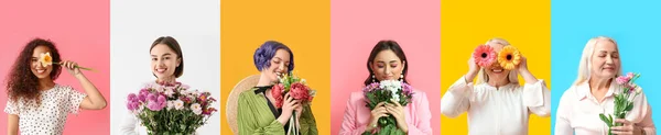 色の背景に新鮮な花を持つ美しい女性のグループ — ストック写真