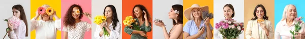 Grupo Mulheres Bonitas Com Flores Frescas Fundo Cor — Fotografia de Stock