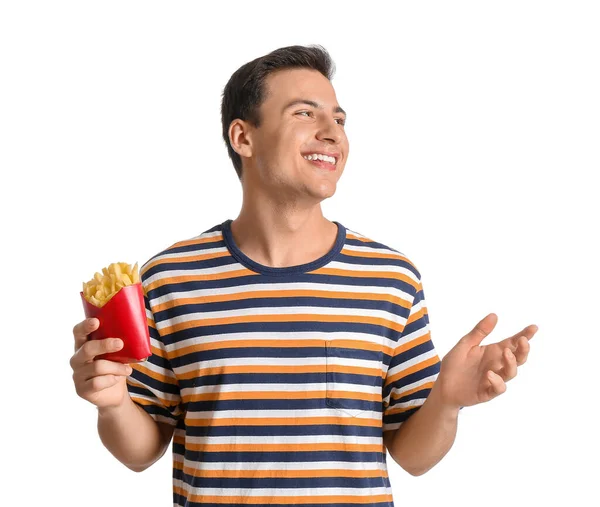 Jovem Feliz Com Batatas Fritas Fundo Branco — Fotografia de Stock