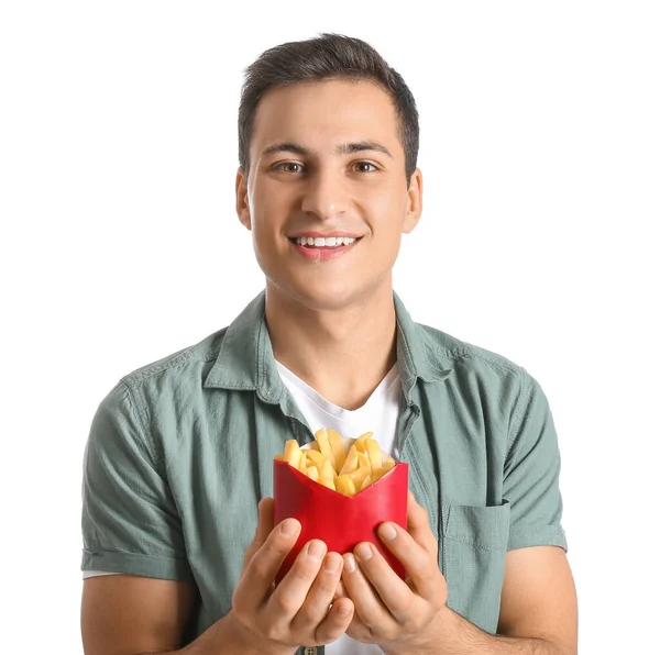 Jovem Feliz Com Batatas Fritas Fundo Branco — Fotografia de Stock