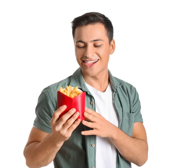 Handsome Young Man French Fries White Background — Stock Photo, Image