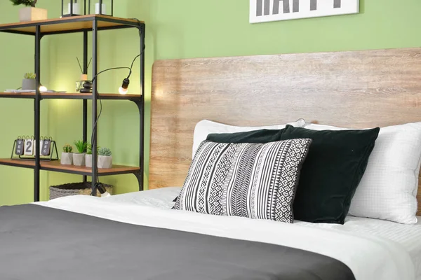 Elegante Interior Dormitorio Minimalista Con Luces Brillantes —  Fotos de Stock