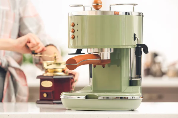 Woman Grinding Coffee Modern Coffee Machine Table Kitchen — Stock Photo, Image