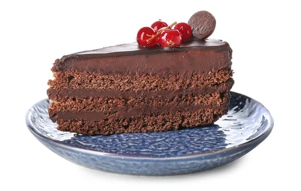 Lezzetli Bir Parça Çikolatalı Pasta Beyaz Arka Planda Kızılcık — Stok fotoğraf