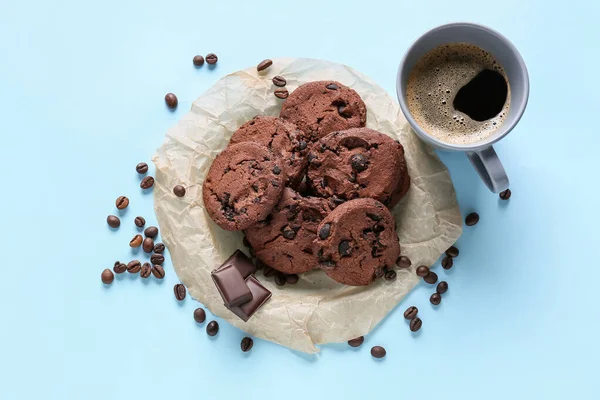 Delicious Chocolate Cookies Cup Coffee Blue Background — Stock Photo, Image