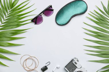 Plaj aksesuarları ve beyaz arka planda palmiye yapraklarından yapılmış çerçeve