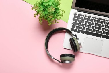 Modern dizüstü bilgisayar, kulaklık ve pembe arka planda bitki.