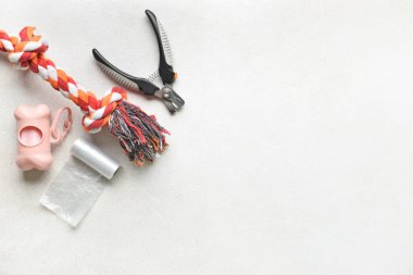 Evcil hayvan artıkları, tırnak makası ve oyuncak.