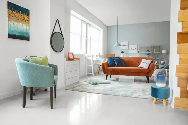 Interior Modern Living Room Stylish Brown Sofa — Stock Photo, Image