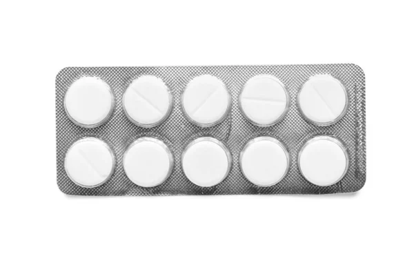 Blister Pack Com Comprimidos Isolados Fundo Branco — Fotografia de Stock