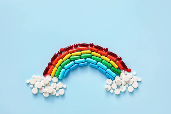 Rainbow Made Pills Capsules Color Background — Stock Photo, Image