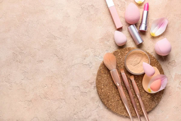Composition Makeup Sponges Brushes Cosmetics Petals Color Background — Stock Photo, Image
