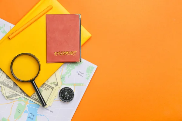 Travel Items Money Passport Notebook Color Background — Stock Photo, Image