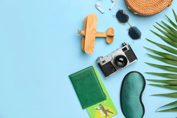 Composition Photo Camera Documents Wooden Plane Sunglasses Color Background — Stock Photo, Image