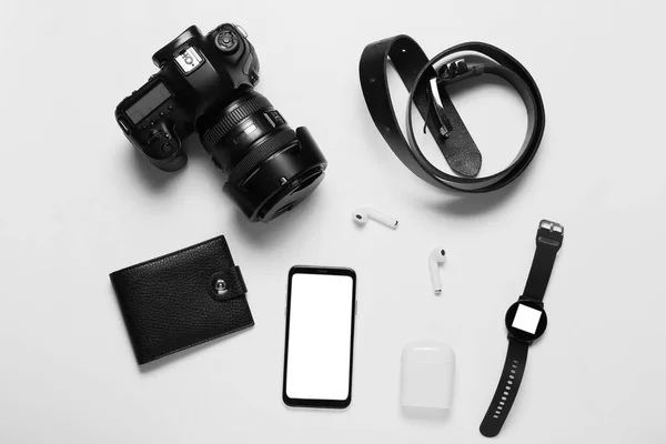 Set Modern Gadgets Wallet Belt White Background — Stock Photo, Image