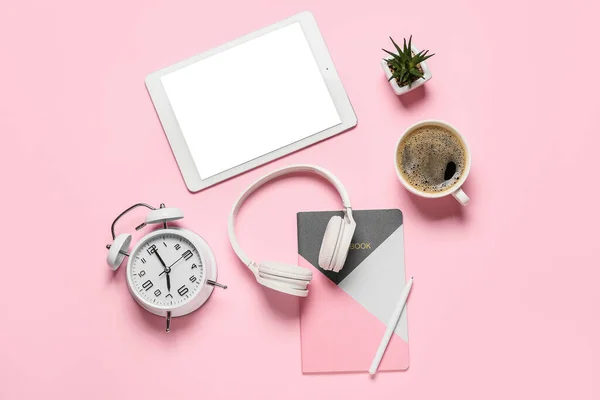 Composition Tablet Computer Headphones Alarm Clock Cup Coffee Pink Background — Stock Photo, Image