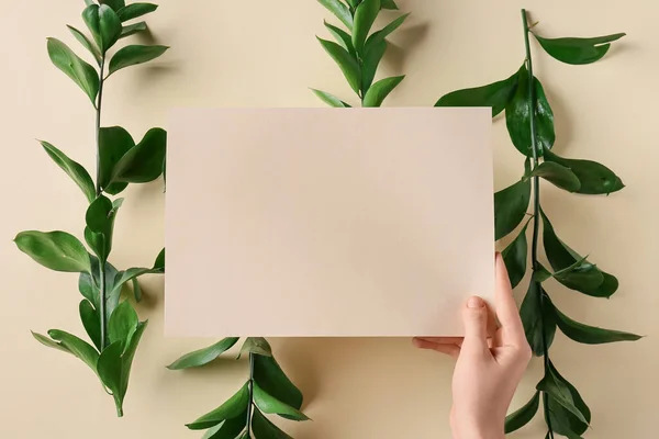Female Hand Blank Card Plant Branches Color Background Closeup — Stock Photo, Image