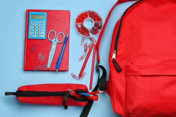 Set Stationery Backpack Color Background Closeup — Stock Photo, Image