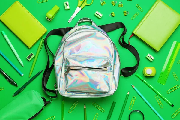 Stylish Backpack Different Stationery Green Background — Stock Photo, Image