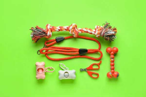 Set of pet care accessories with waste bags on green background