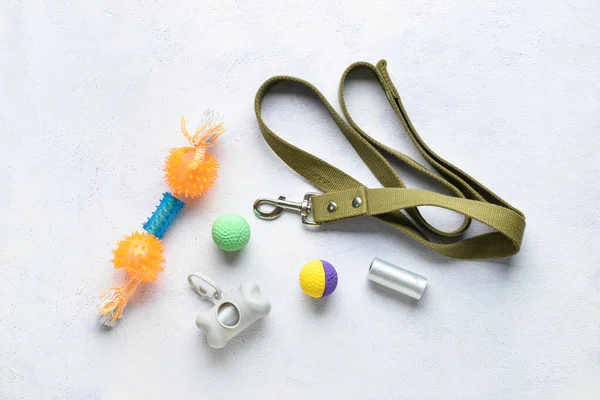 Set of pet care accessories with waste bags on light background