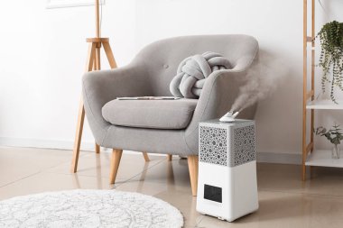 Işık duvarı yakınında şık bir koltuk ve nemlendirici.