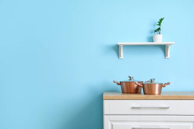 Ahşap masa ve raflarda tencereler ve renkli duvarların yanında bitkiler.