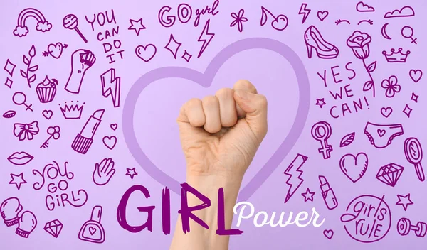Ruka Ženy Zaťatou Pěstí Text Girl Power Barevném Pozadí Mezinárodní — Stock fotografie