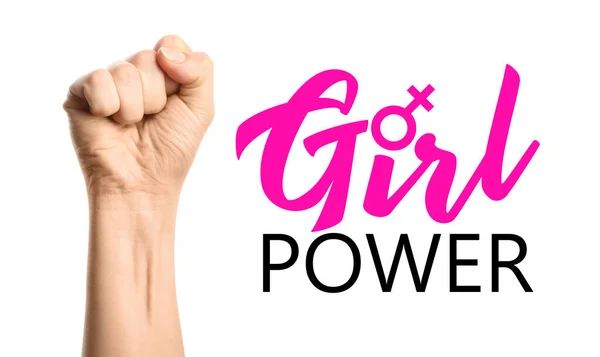 Ręka Kobiety Zaciśniętą Pięścią Napisem Girl Power Białym Tle Międzynarodowy — Zdjęcie stockowe