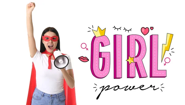 Screaming Woman Superhero Costume Megaphone White Background Text Girl Power — Stock Photo, Image