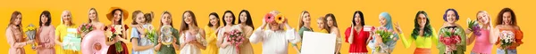 Grupo Mulheres Bonitas Com Flores Cartaz Fundo Amarelo — Fotografia de Stock