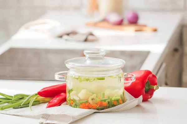 Cooking Pot Tasty Dietary Soup Table Kitchen — Stock Photo, Image