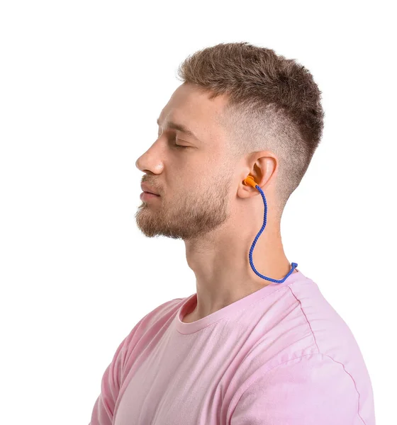 Young Man Ear Plugs White Background — Stock Photo, Image