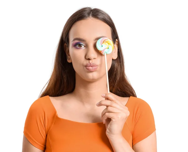 Young Woman Lollipop Blowing Kiss White Background — Stock Photo, Image