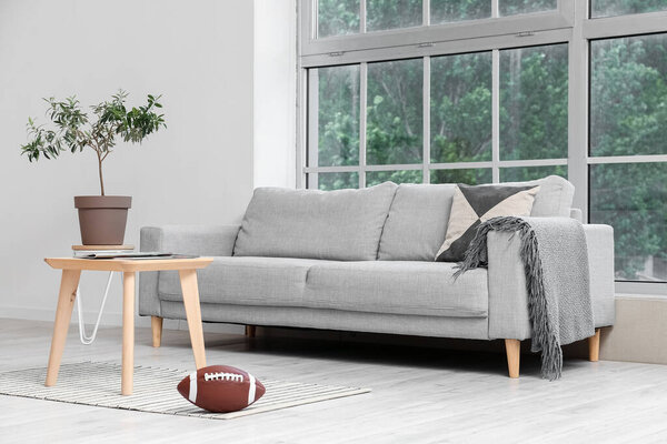 Stylish living room with sofa near window and rugby ball on floor