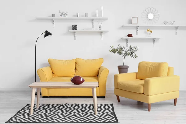 Rugby Ball Table Stylish Living Room Yellow Sofa Armchair — Stock Photo, Image