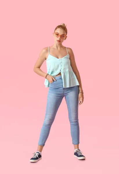 Fashionable Young Woman Stylish Jeans Color Background — 图库照片