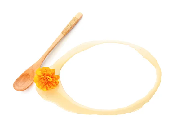 Frame Made Honey Wooden Spoon Marigold Flower White Background — Stock Photo, Image
