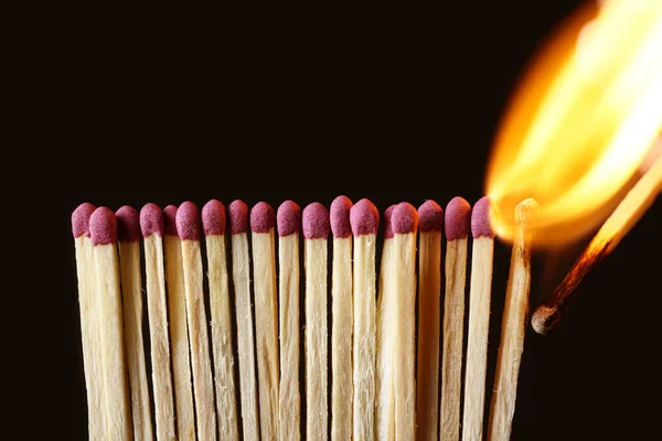 Lighted Match Next Row Unlit Matches Black Background Inspiration Concept — Stock Photo, Image