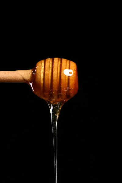 黒の背景にひしゃくから滴る蜂蜜 — ストック写真