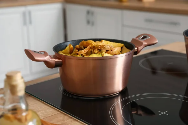 Cooking Pot Prepared Vegetable Stew Stove Closeup — Stock Photo, Image